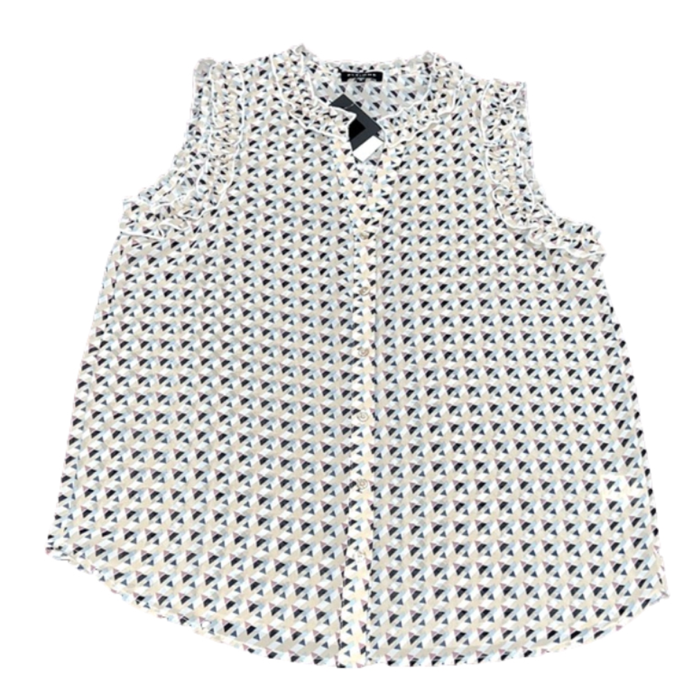 Pleione Seafoam Khaki Geo Print Sleeveless Ruffle Blouse Top - Size Medium, NWT